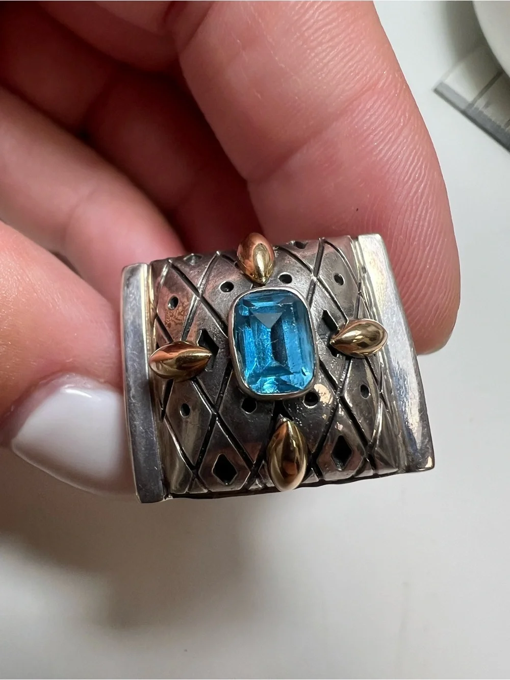925 Sterling Silver Zanfeld Blue Topaz Accent Wide Ring with 14K Gold Accents